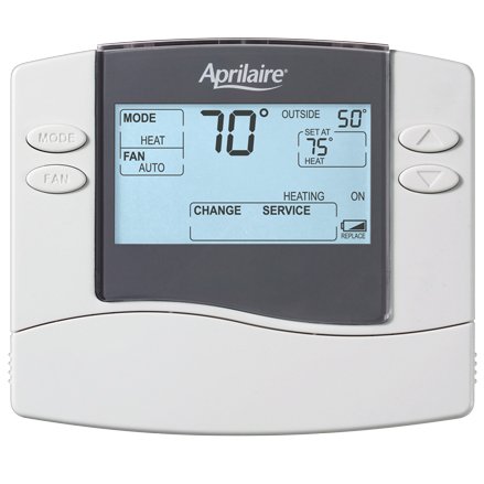 Model 8448 Thermostat with four white buttons that read mode, fan, up arrow, and down arrow. Grey border around the screen