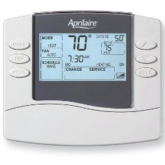 Model 8463 Thermostat with six white buttons that read mode, clean air, prog, hold, up arrow, and down arrow. Grey border around the screen
