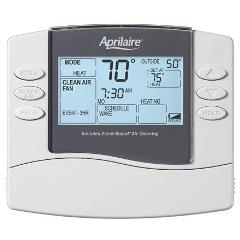 Model 8476 Thermostat with six white buttons that read mode, clean air, prog, hold, up arrow, and down arrow. Grey border around the screen
