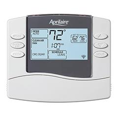 8476W Wi-Fi Thermostat with six white buttons that read mode, clean air, prog, hold, up arrow, and down arrow. Grey border around the screen